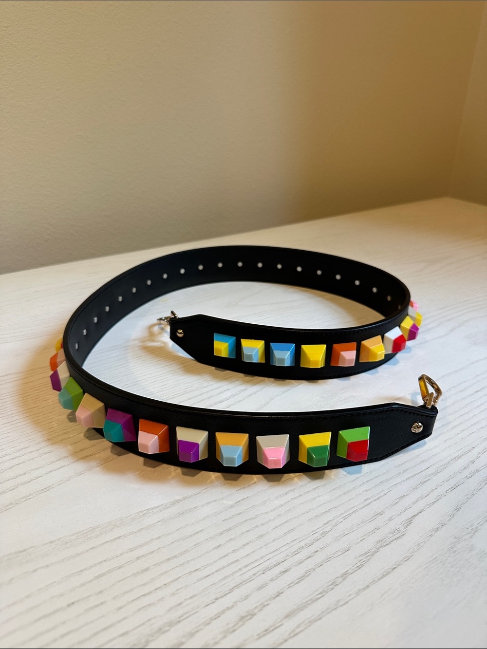 Black Leather Strap with Multicolor Pyramid Studs